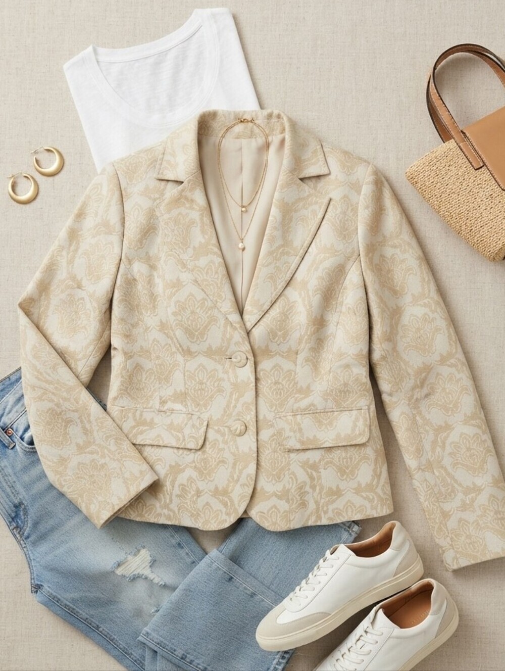 Liz Claiborne Crazy Horse Cream Tan Brocade Style Button Up Blazer Jacket